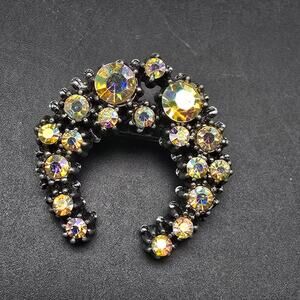 Auorora Borealis Rhinestone Moon Brooch Half Moon Vintage Jewelry